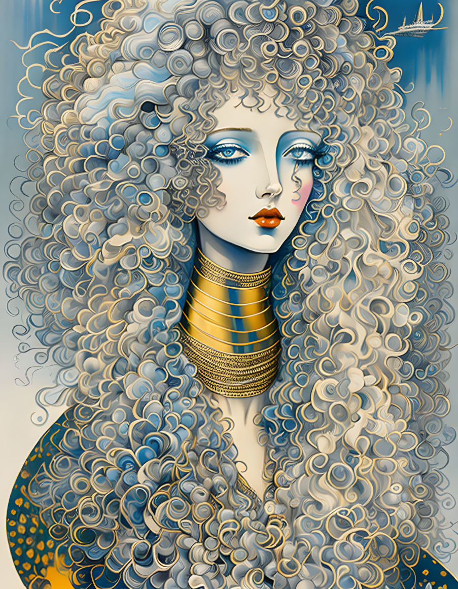 Blond Curly-Haired Woman Artwork with Blue Skin and Gold Neck Rings