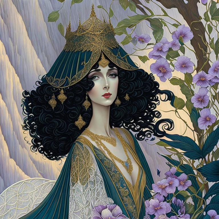 Detailed illustration of woman with gold headdress, black hair, jewelry, purple flowers, and pale tree