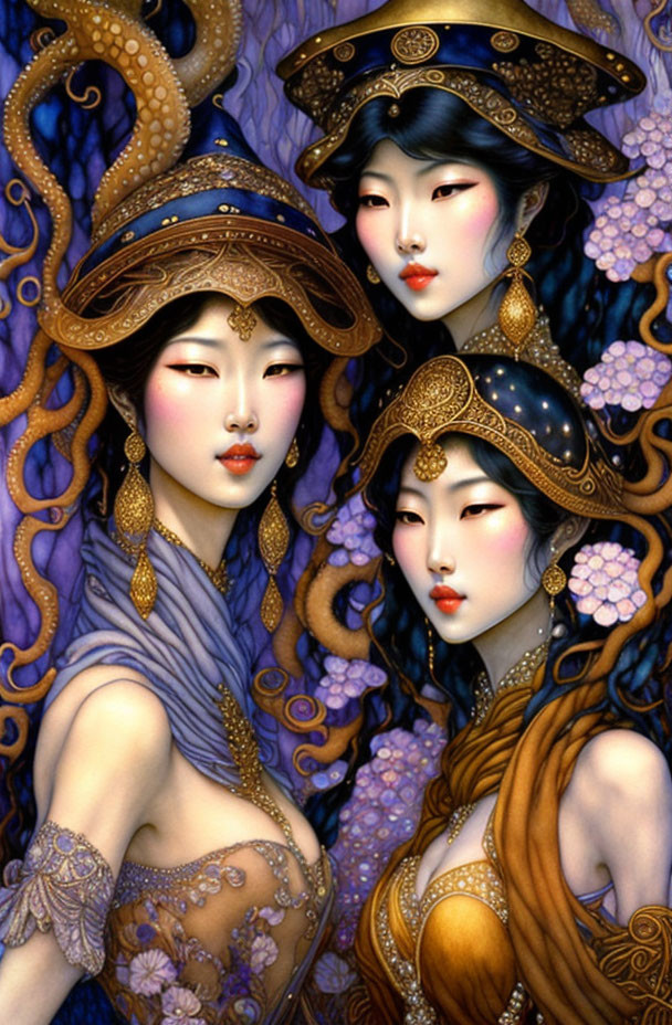 Two women in fantasy attire with golden headdresses and octopus-like elements on purple floral backdrop