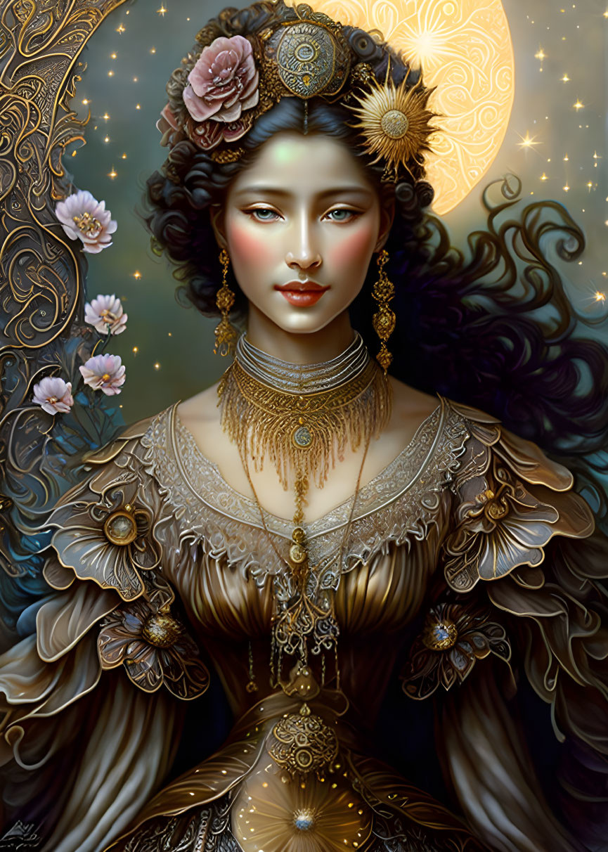 Ethereal woman in Victorian gown with golden jewelry against celestial backdrop