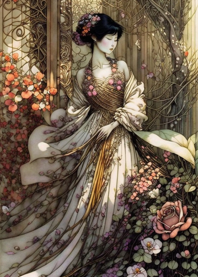 Detailed Illustration: Elegant Woman in Ornate Dress Surrounded by Whimsical Garden