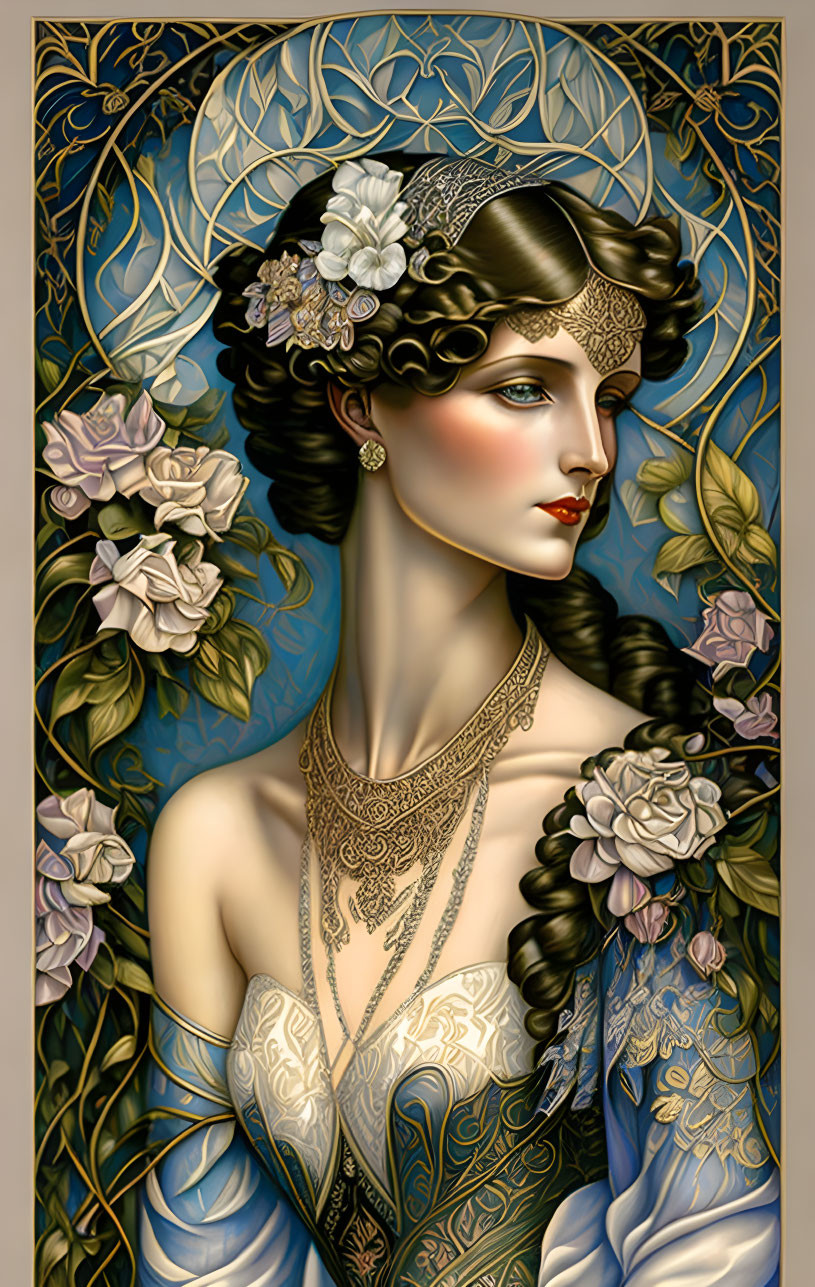 Art Nouveau Woman Illustration with Elaborate Jewelry & Floral Elements