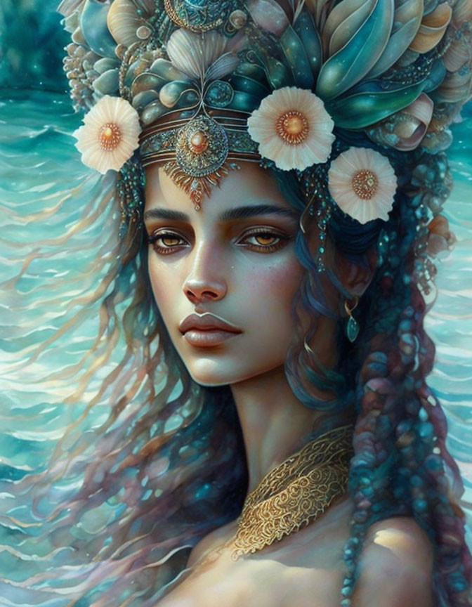 Portrait of Woman with Sea-themed Adornments in Rich Blues and Greens