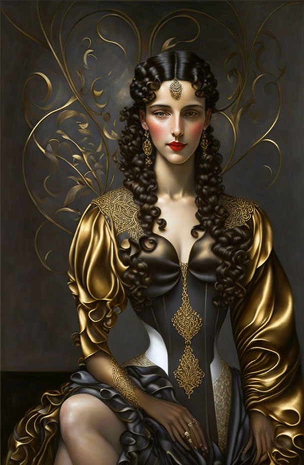 Portrait of Woman in Ornate Golden Attire with Dark Hair