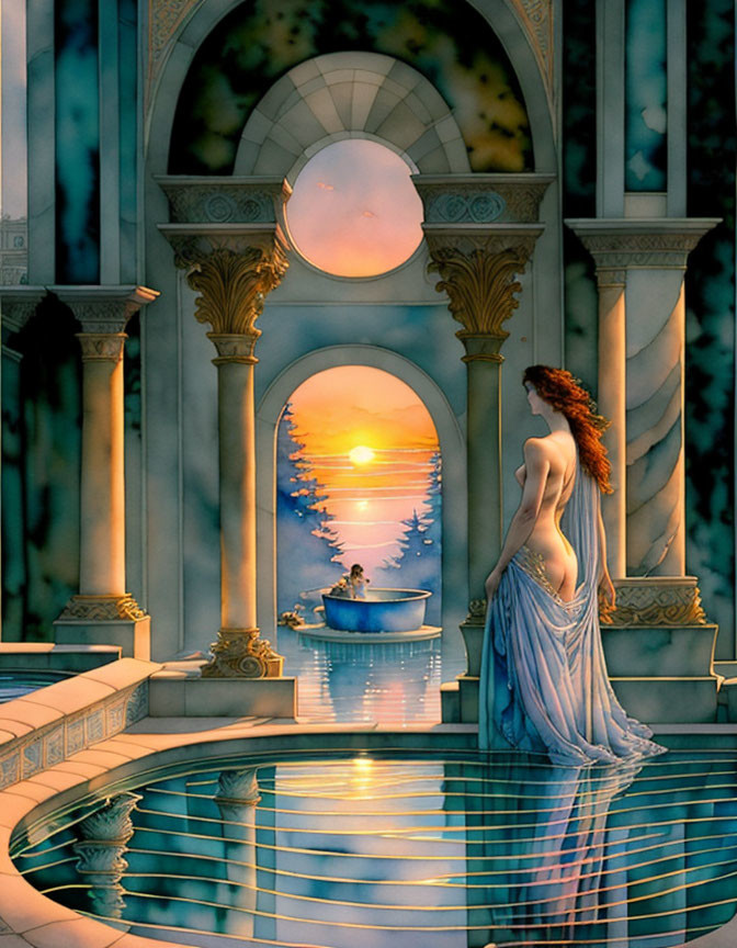 Woman in flowing dress gazes at sunset in grand hall by pool