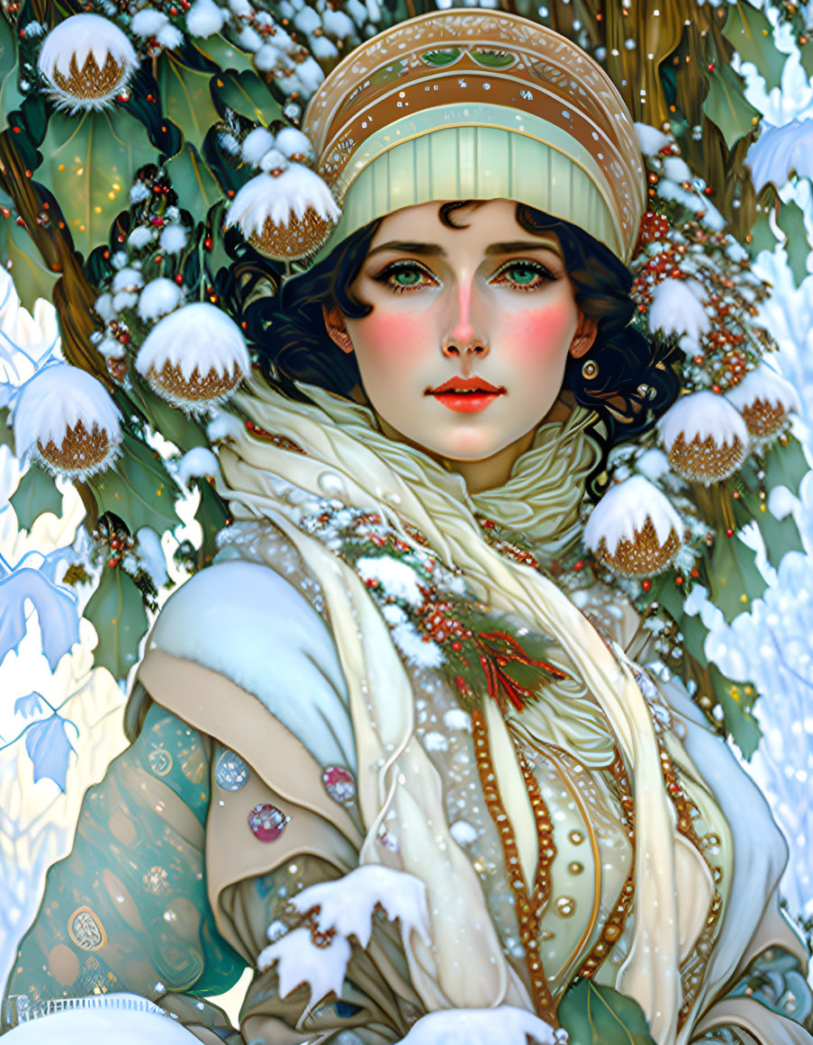 Winter-themed digital illustration of young woman in holiday attire amidst snowy foliage.