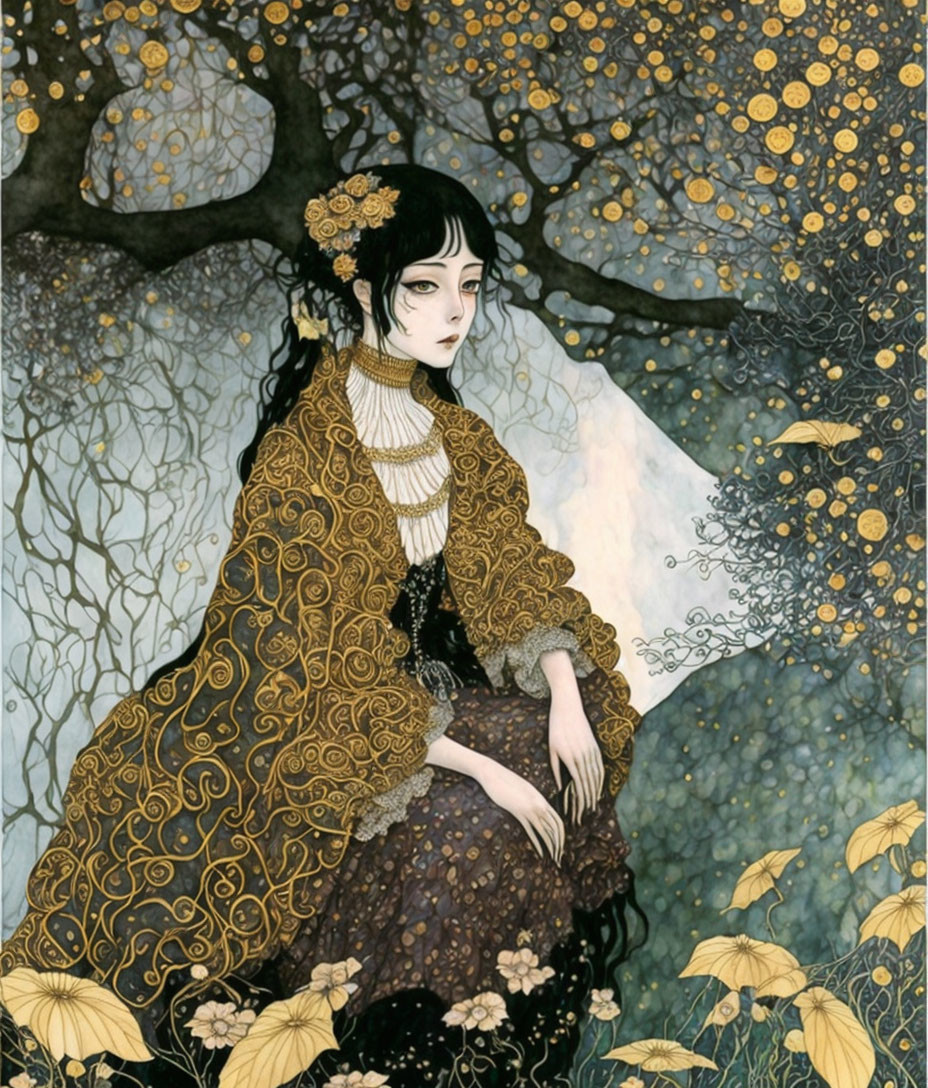 Illustration of pale-skinned woman in gold and black robe under golden tree