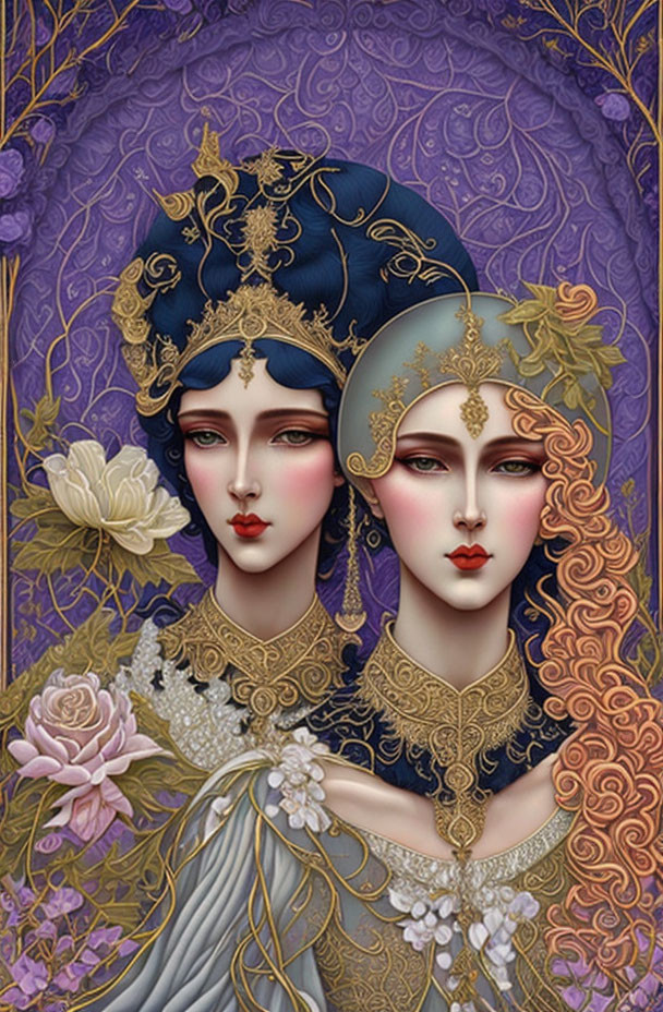 Ethereal women with ornate headpieces in regal setting