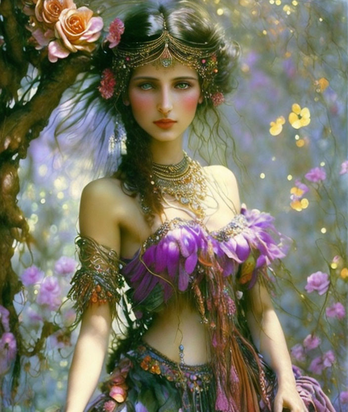 Fantasy artwork of a adorned woman in mystical floral setting