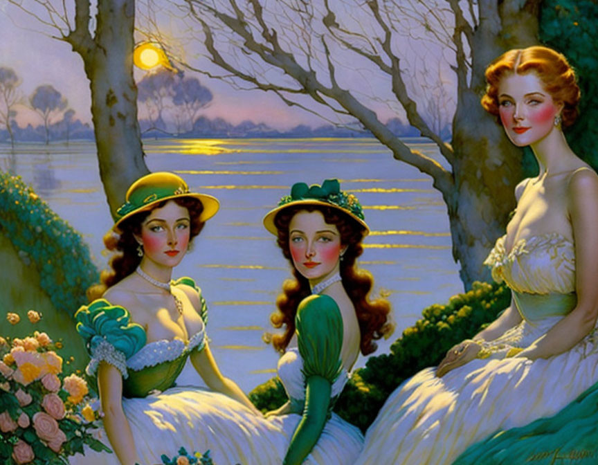 Vintage Dresses & Hats: Three Women by River at Sunset