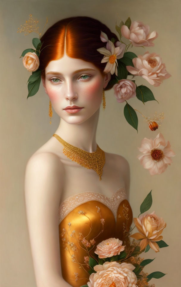 Digital painting of woman with green eyes, red hair, gold dress & floral adornments