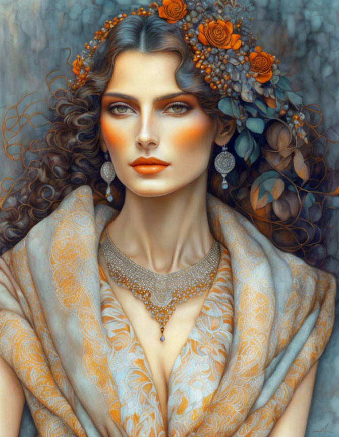 Woman with Curly Hair, Orange Flowers, Ornate Jewelry, and Patterned Shawl in Warm