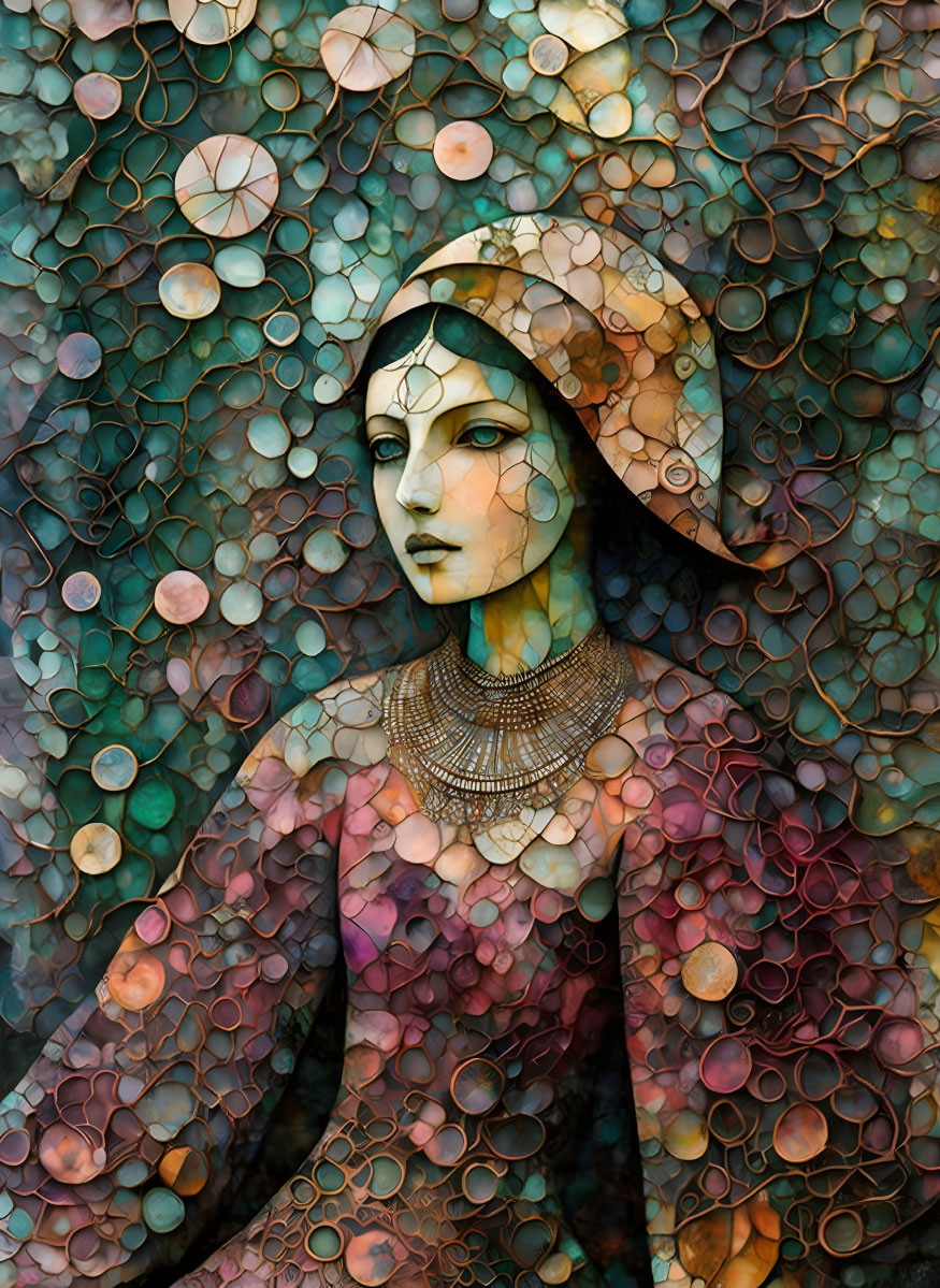 Stylized portrait of woman with iridescent circles, hat, necklace, textured background