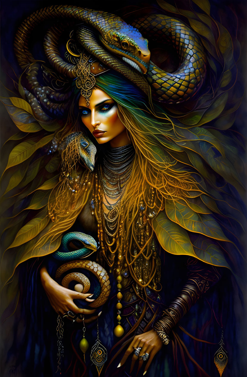 Mystical woman with serpent hair and peacock feather aesthetic