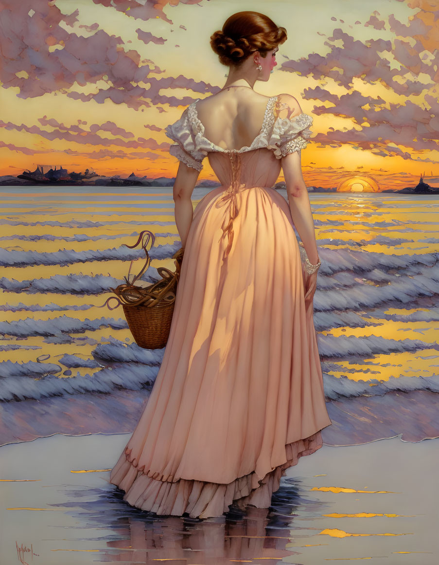 Vintage Peach Dress Woman Watching Sunset at Beach with Basket and Boats