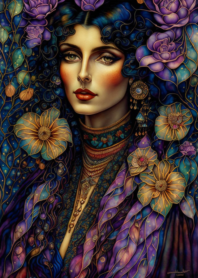 Illustrated portrait of woman with blue hair, flowers, jewelry, and captivating gaze against dark floral backdrop