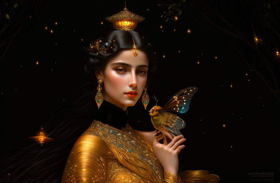 Dark-haired woman with golden headdress holds luminescent butterfly in night scene