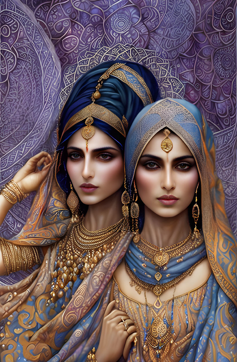 Two Women in Blue and Gold Traditional Attire on Purple Mandala Background