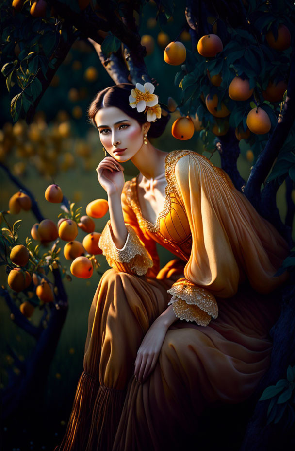 Woman in Orange Dress Poses Under Peach Tree in Golden Light