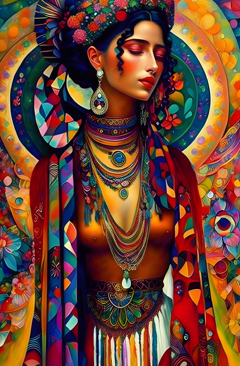 Vibrant digital artwork featuring woman in ethnic attire against floral backdrop