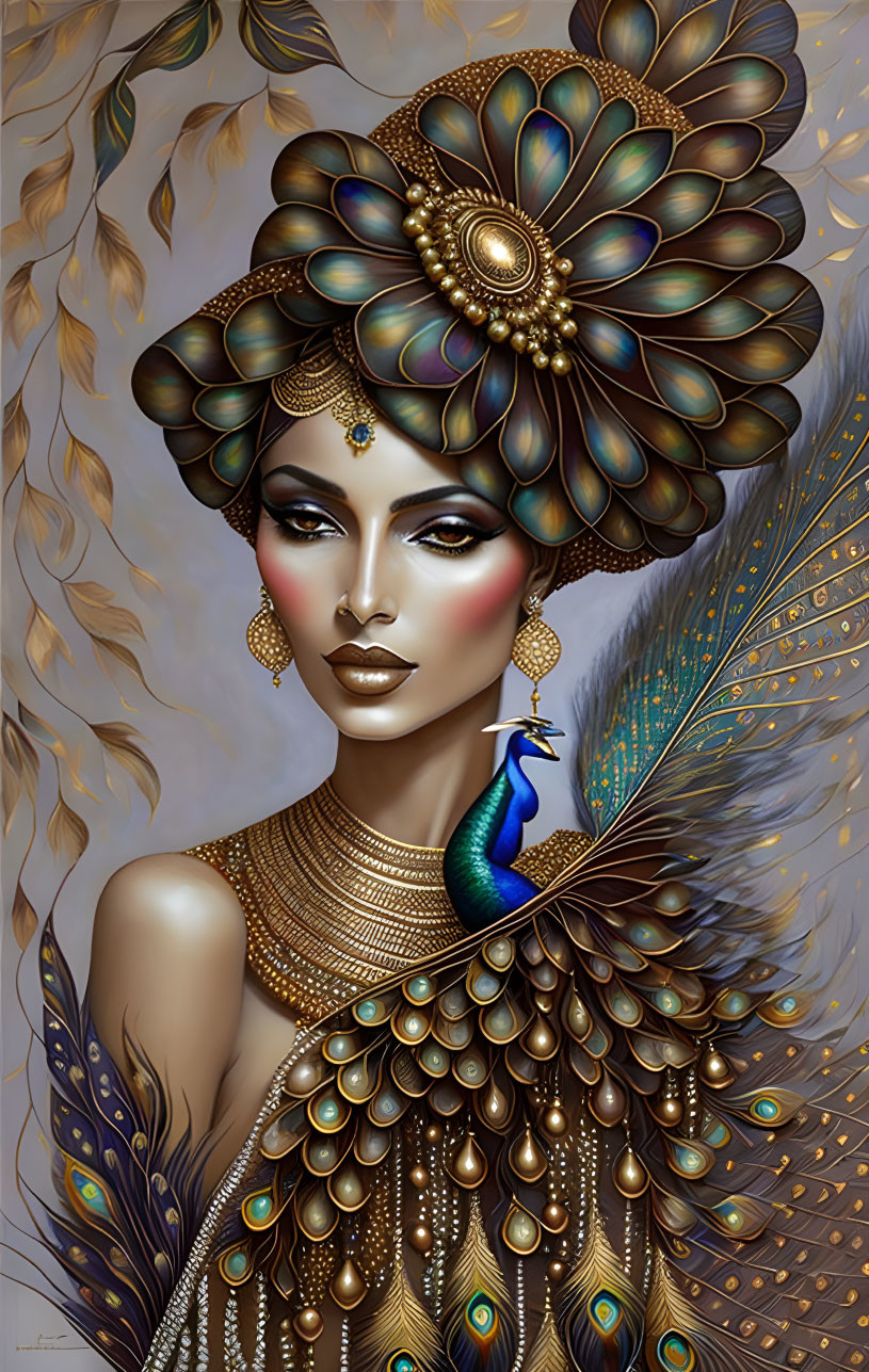 Woman with Peacock Feather Headdress and Jewelry