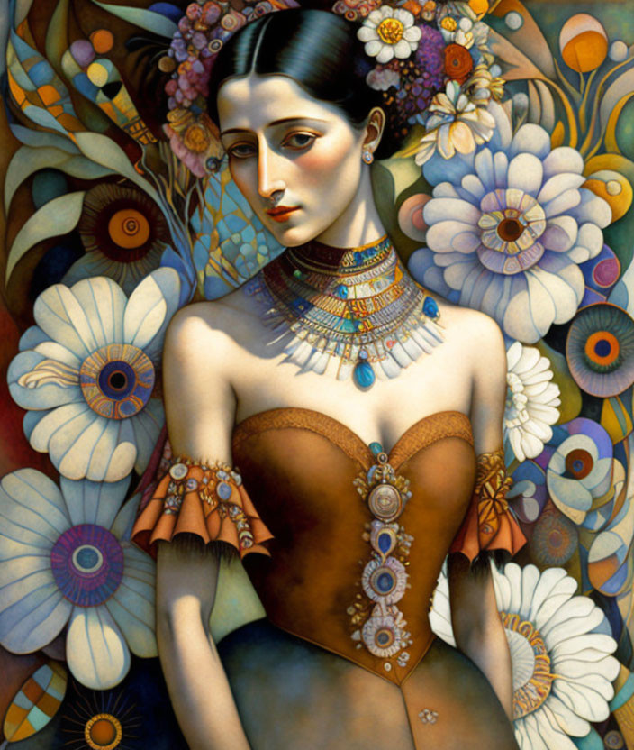 Portrait of a woman with dark hair and floral adornments on vibrant flower backdrop