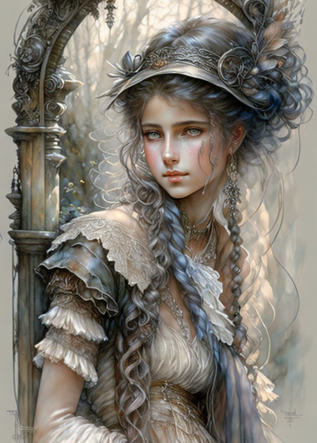 Elaborate Braided Hair Fantasy Portrait Against Gothic Archway