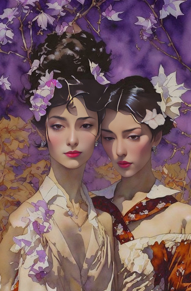 Two women with floral-adorned hair against purple floral backdrop