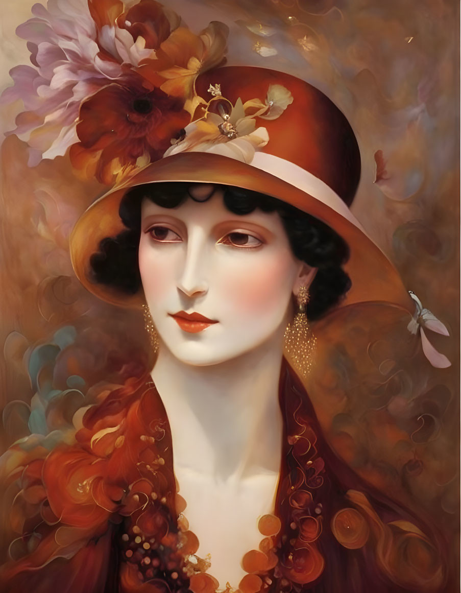 Portrait of woman with dark hair, wide-brimmed hat, flowers, and butterfly in warm autumn