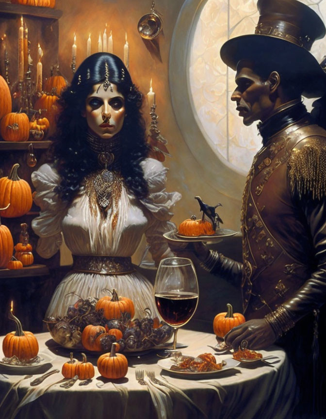 Gothic-themed artwork featuring woman, man, candles, pumpkins, wine