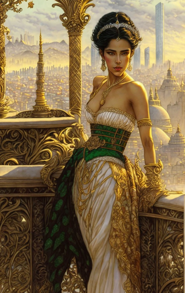 Woman in elegant dress on balcony with futuristic city skyline