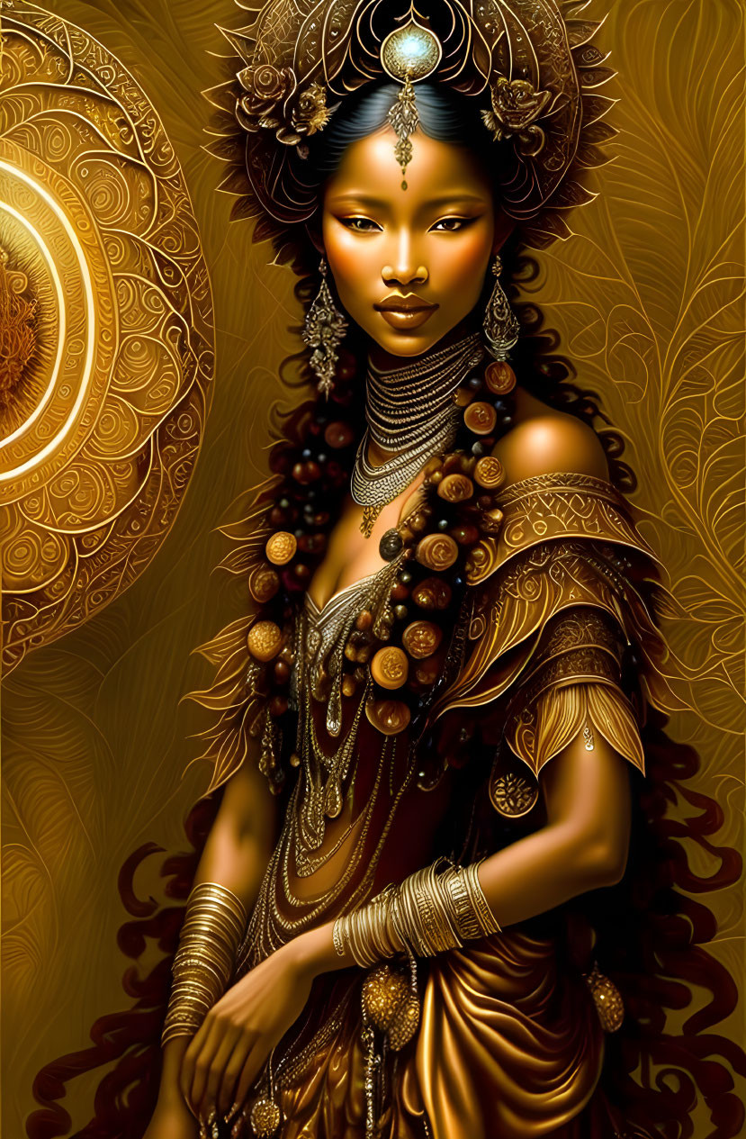 Woman adorned in ornate golden jewelry on golden backdrop