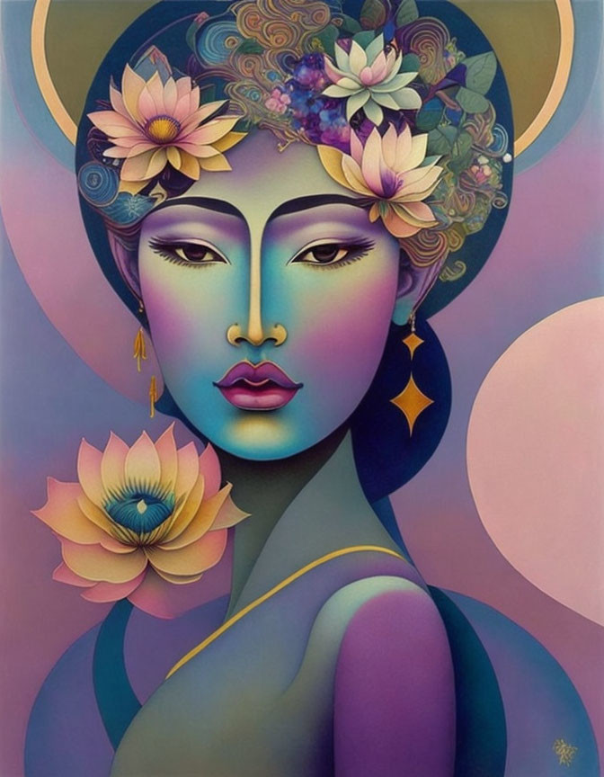 Serene female figure with lotus flowers in colorful background