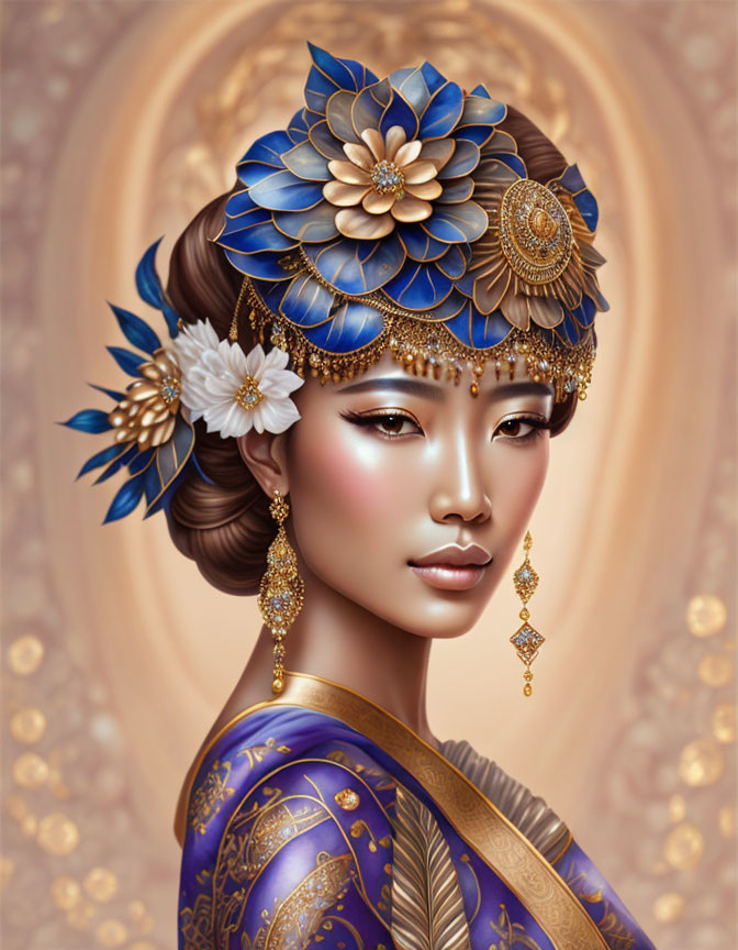 Detailed woman illustration with blue floral hairpiece, gold jewelry, blue patterned outfit on golden backdrop