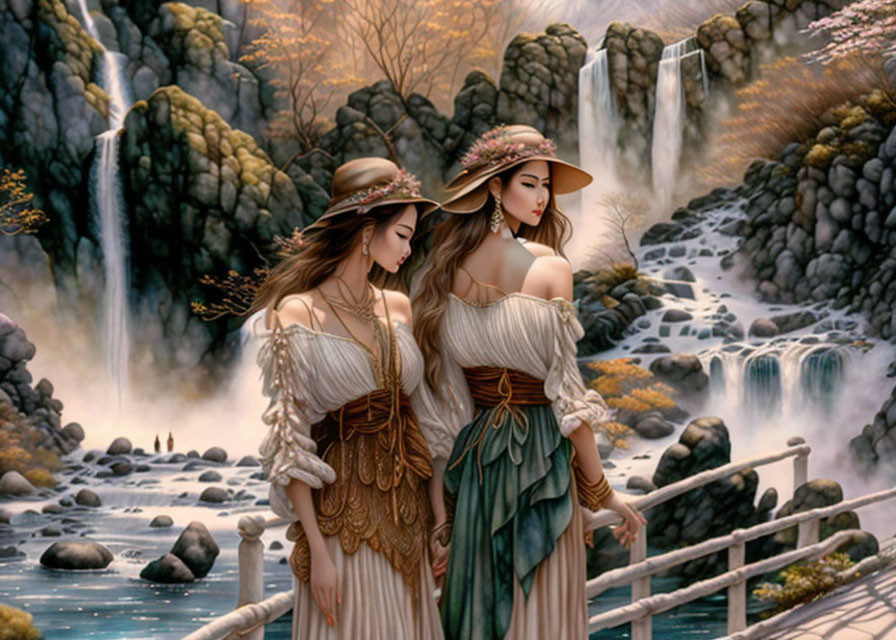 Two women in elegant dresses by a wooden bridge near a tranquil river.