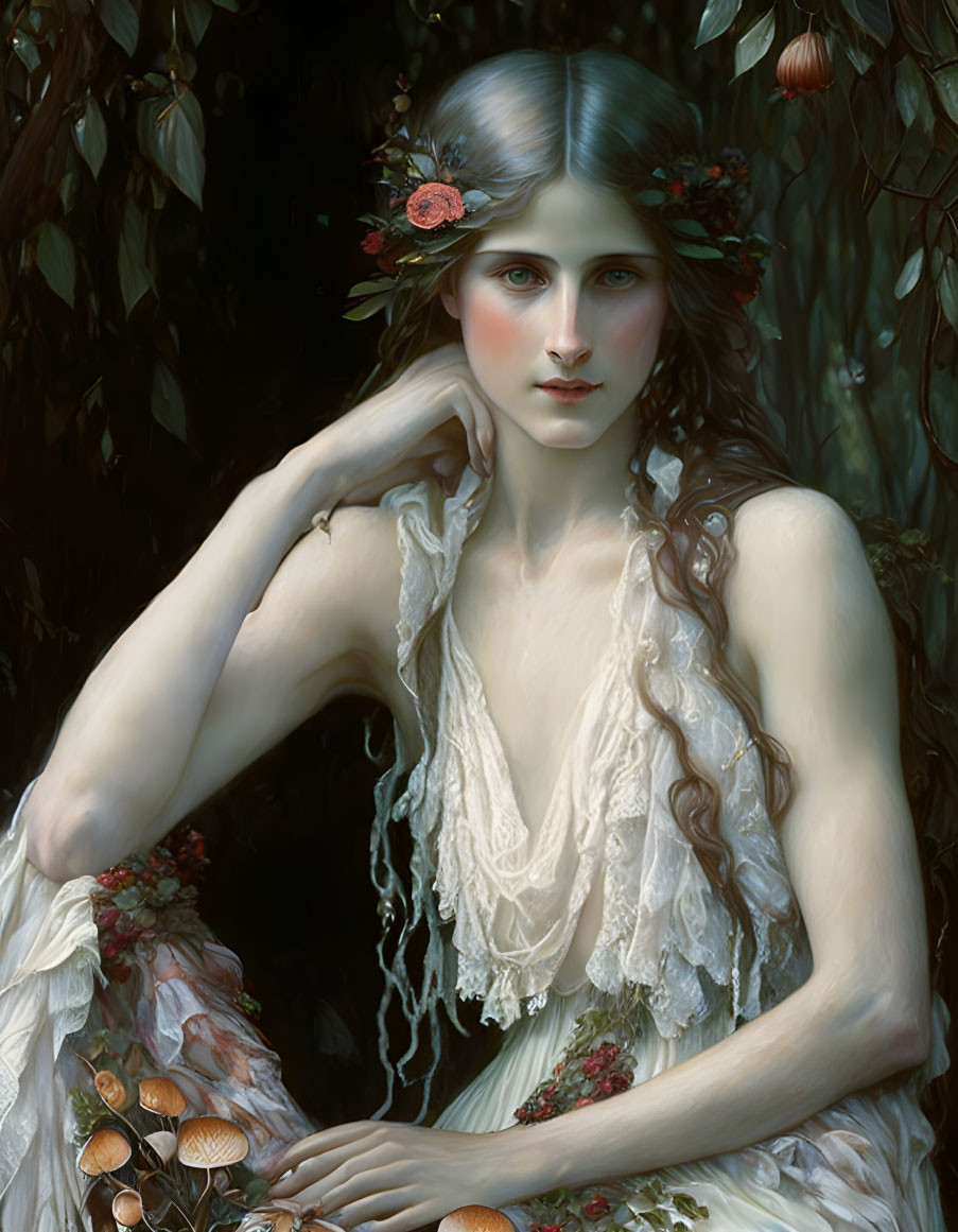 Ethereal woman in floral headpiece and seashell dress among dark foliage