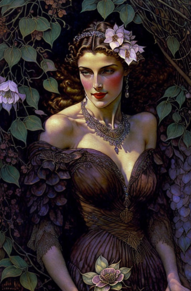 Woman with Flower in Hair Wearing Feathered Gown and Jewelry in Dark Leafy Setting