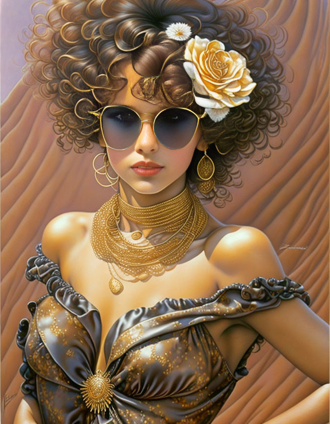 Portrait of Woman with Curly Hair, Sunglasses, Hoop Earrings, and Golden Corset