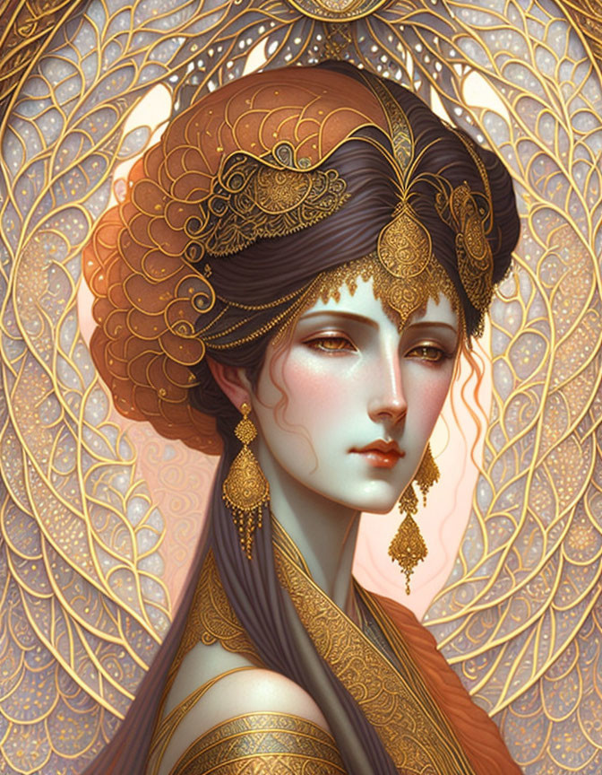 Intricate portrait of woman with golden headwear and jewelry