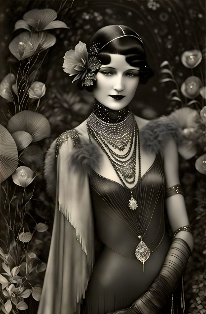 Monochrome 1920s fashion portrait with cloche hat and pearls