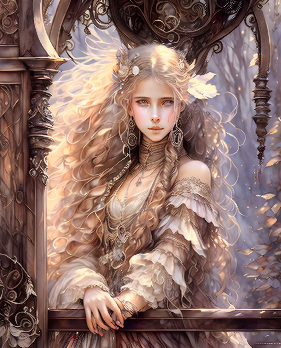 Fantasy female character with golden hair and ornate jewelry on balcony.