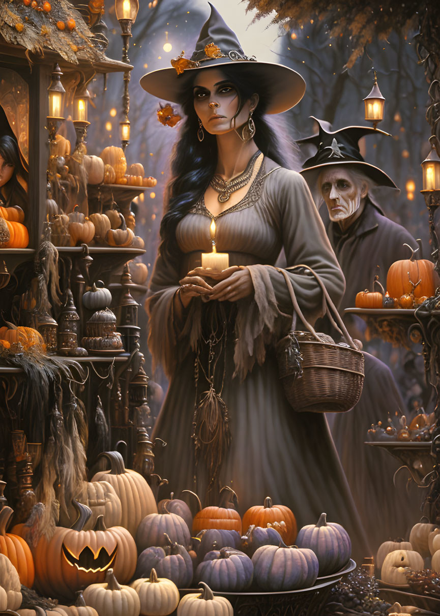 Gothic autumn scene with witch, pumpkins, and spectral figure among lantern-lit trees