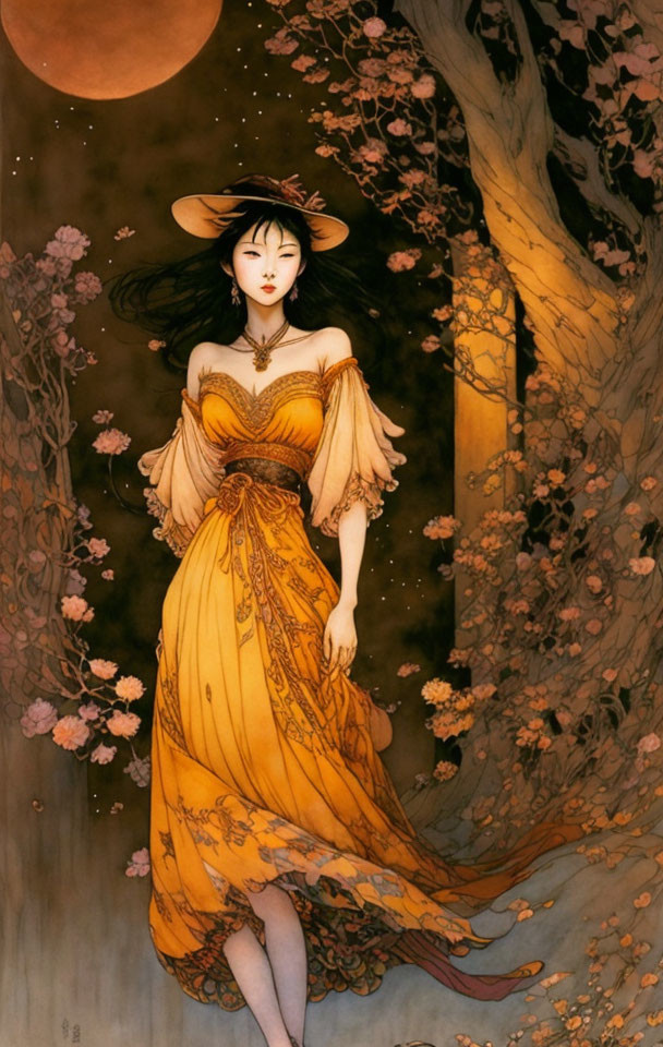 Illustrated woman in yellow dress under moonlit sky with blooming branches