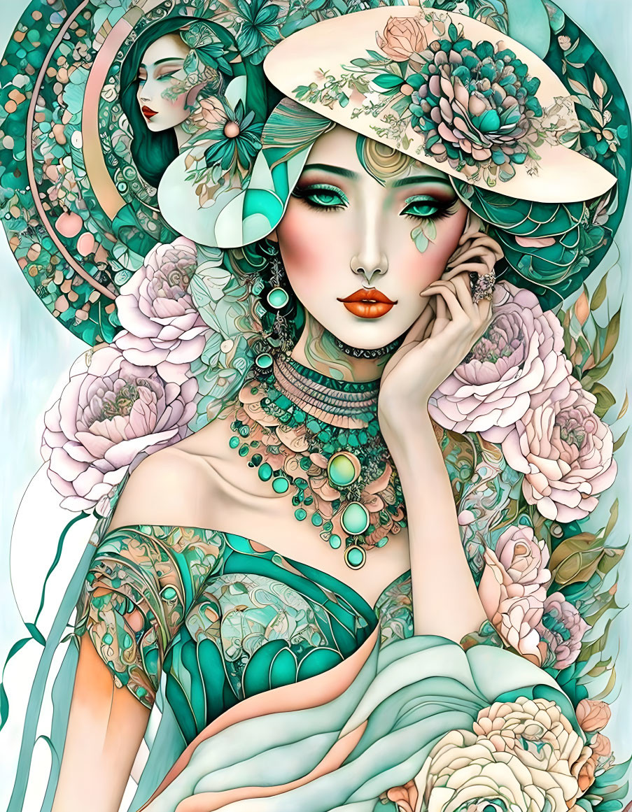 Stylized woman with floral hat in Art Nouveau style and pastel colors