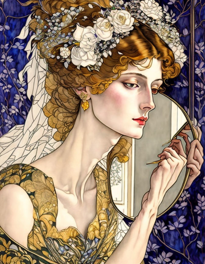 Art Nouveau Woman with Golden Hair and Mirror in Blue Floral Setting