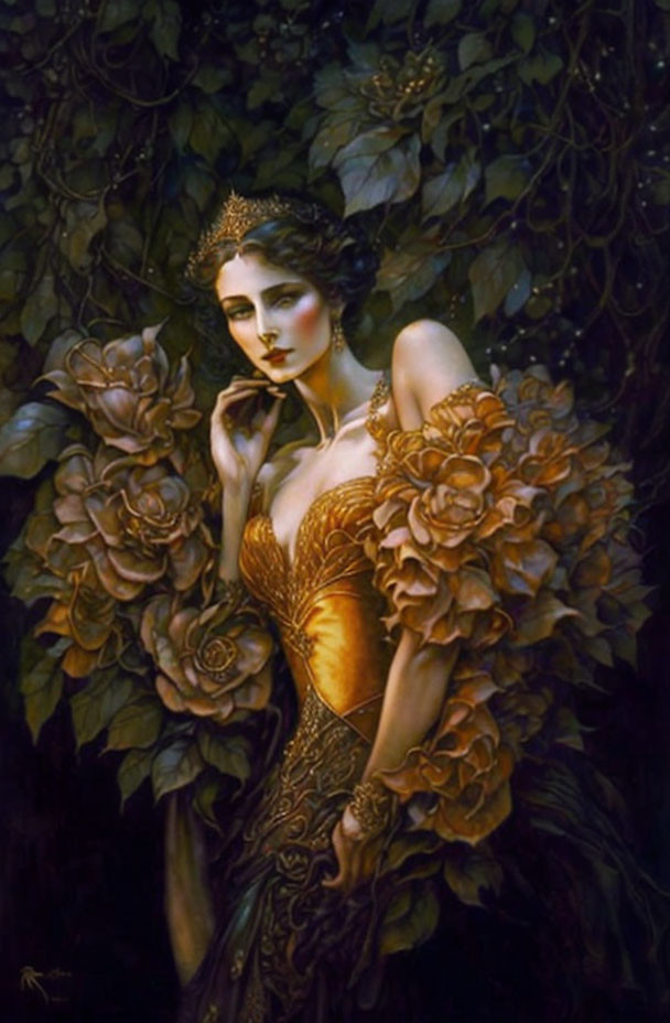 Golden dress woman with rose embellishments and regal crown amidst dark leaves.