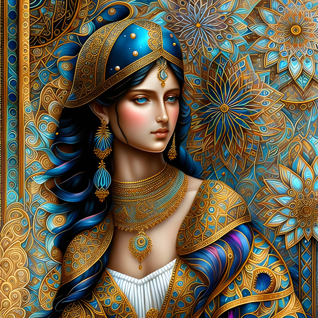 Illustrated woman with blue hair in ornate regalia on metallic floral backdrop