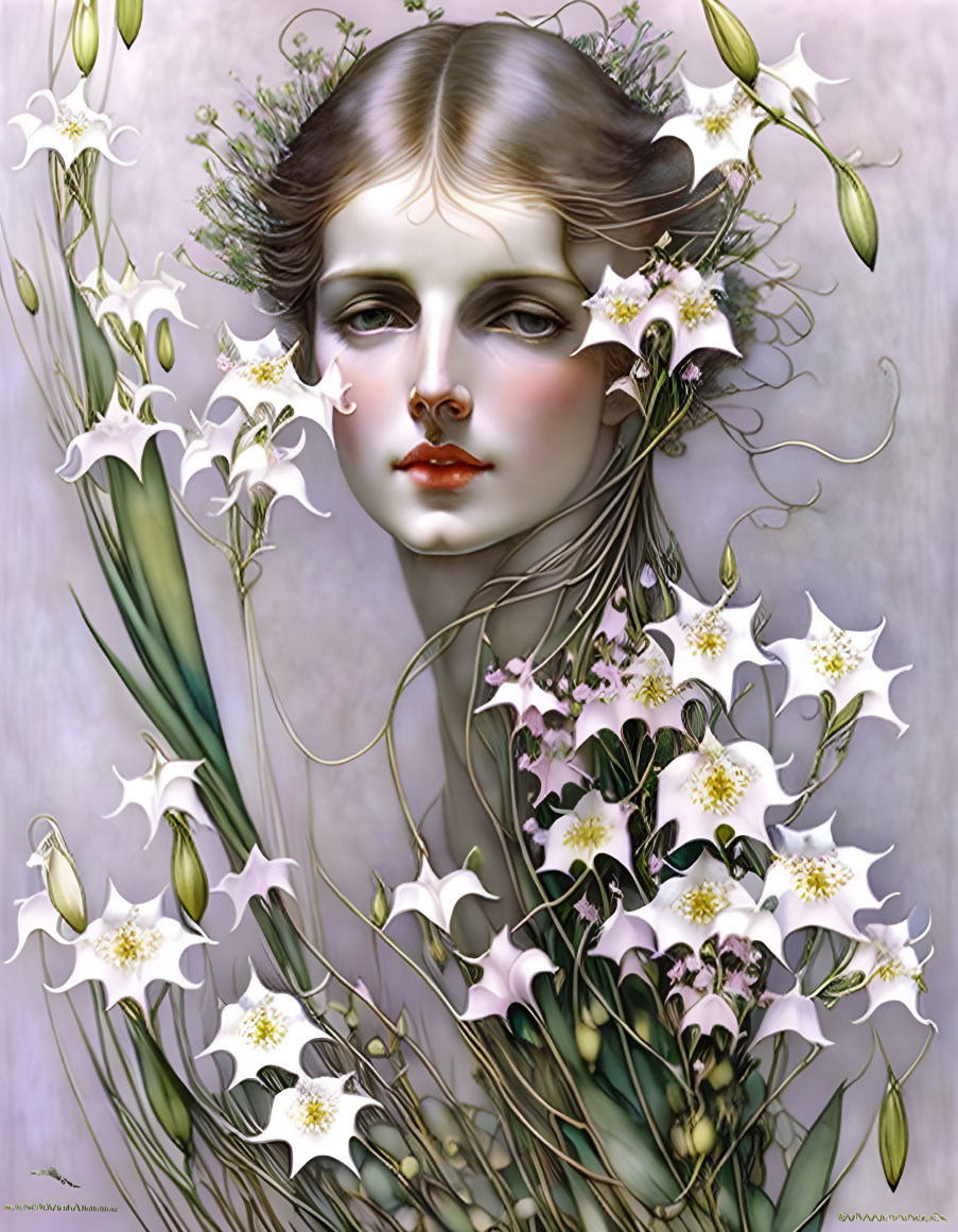 Ethereal portrait of woman with pale skin and white/green flowers