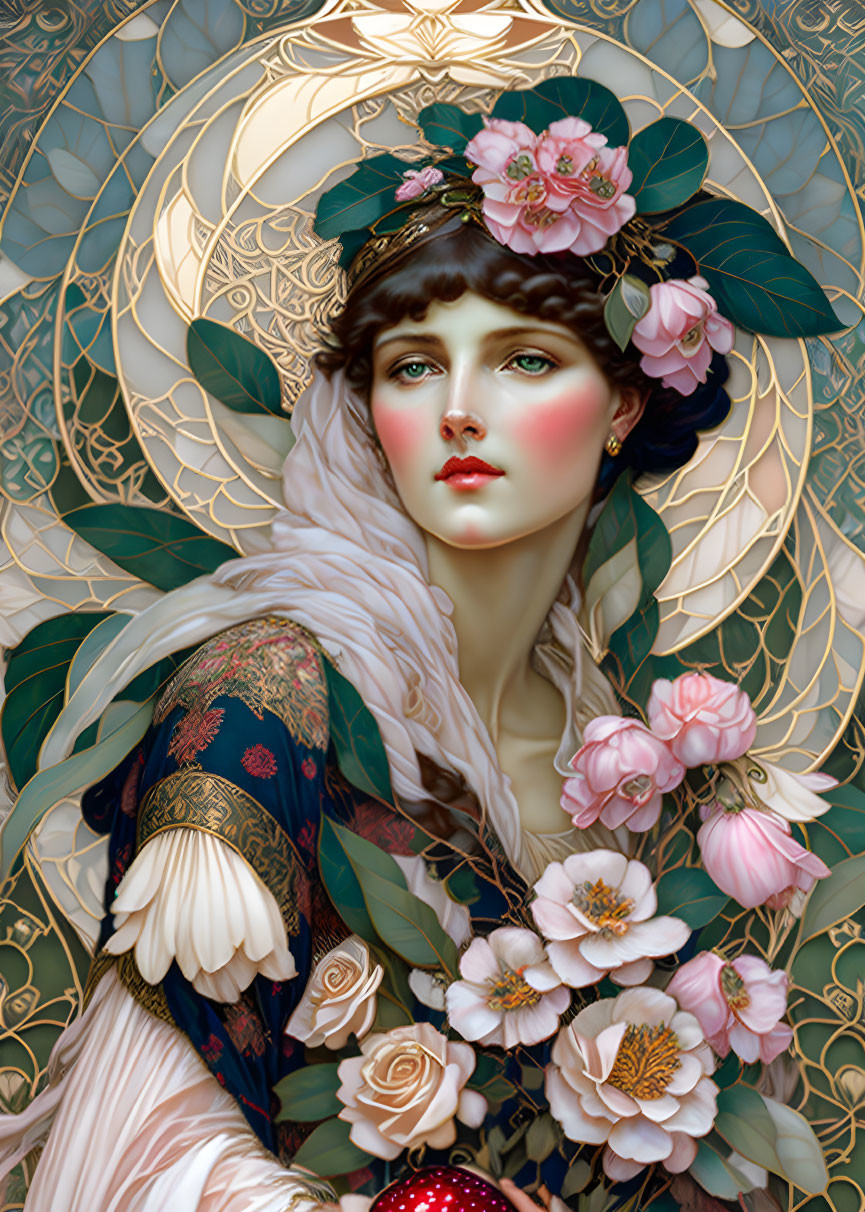 Illustrated Woman with Floral Headdress and Art Nouveau Style Elements