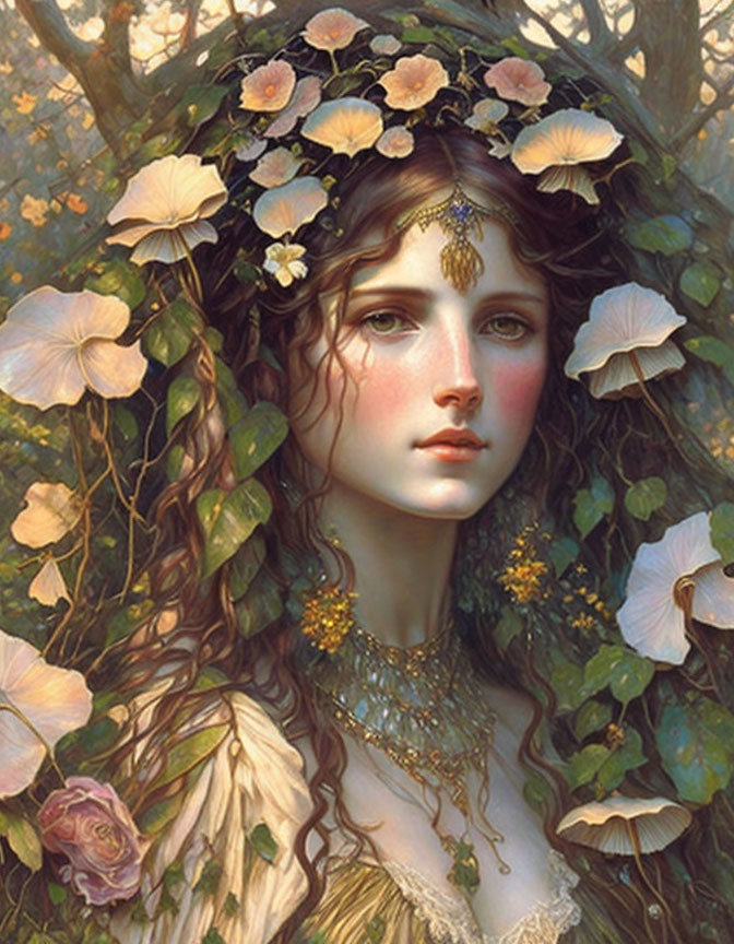 Detailed illustration of woman with floral headdress and intricate jewelry in lush foliage.